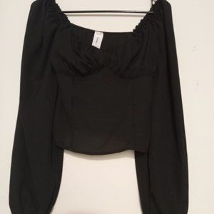 Black Chiffon Long Balloon Sleeve Cropped Blouse - Goth